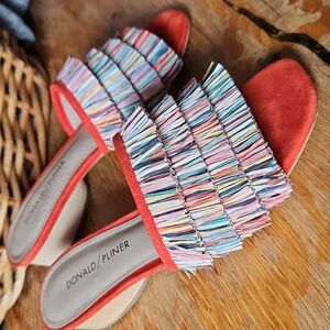 DONALD J. PLINER Reise Raffia Slide Sandal Wood Heel Red Multi Colored